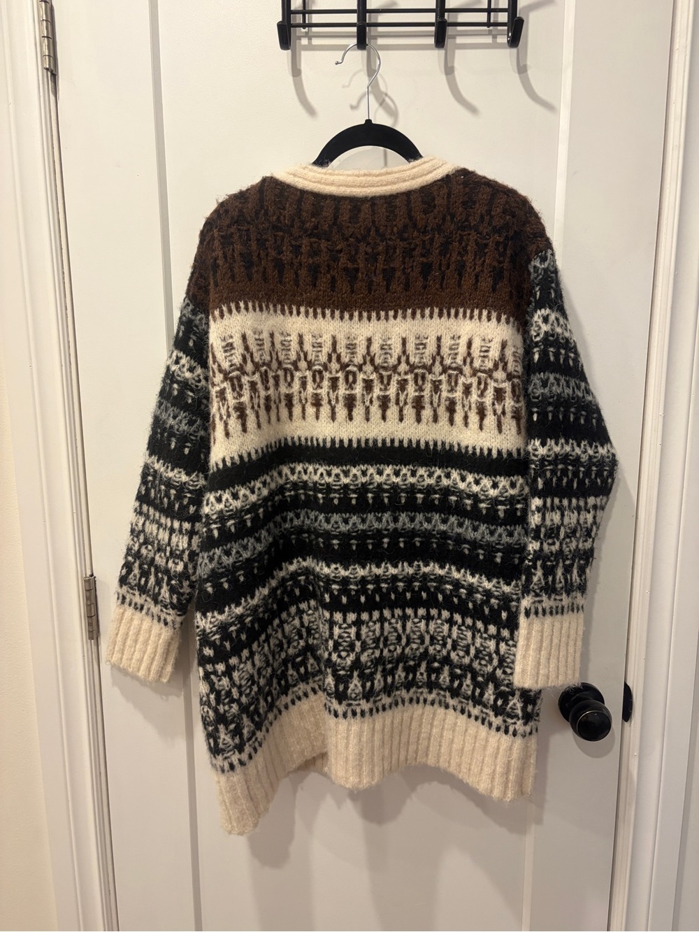 eesome Open-Front Fair Isle Cardigan in Cream, Brown, and Black - Picture 6 of 13